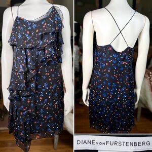 Diane Von Furstenberg Black 100% Silk Asymmetrical Ruffle “Honesty” Dress, Sz 4